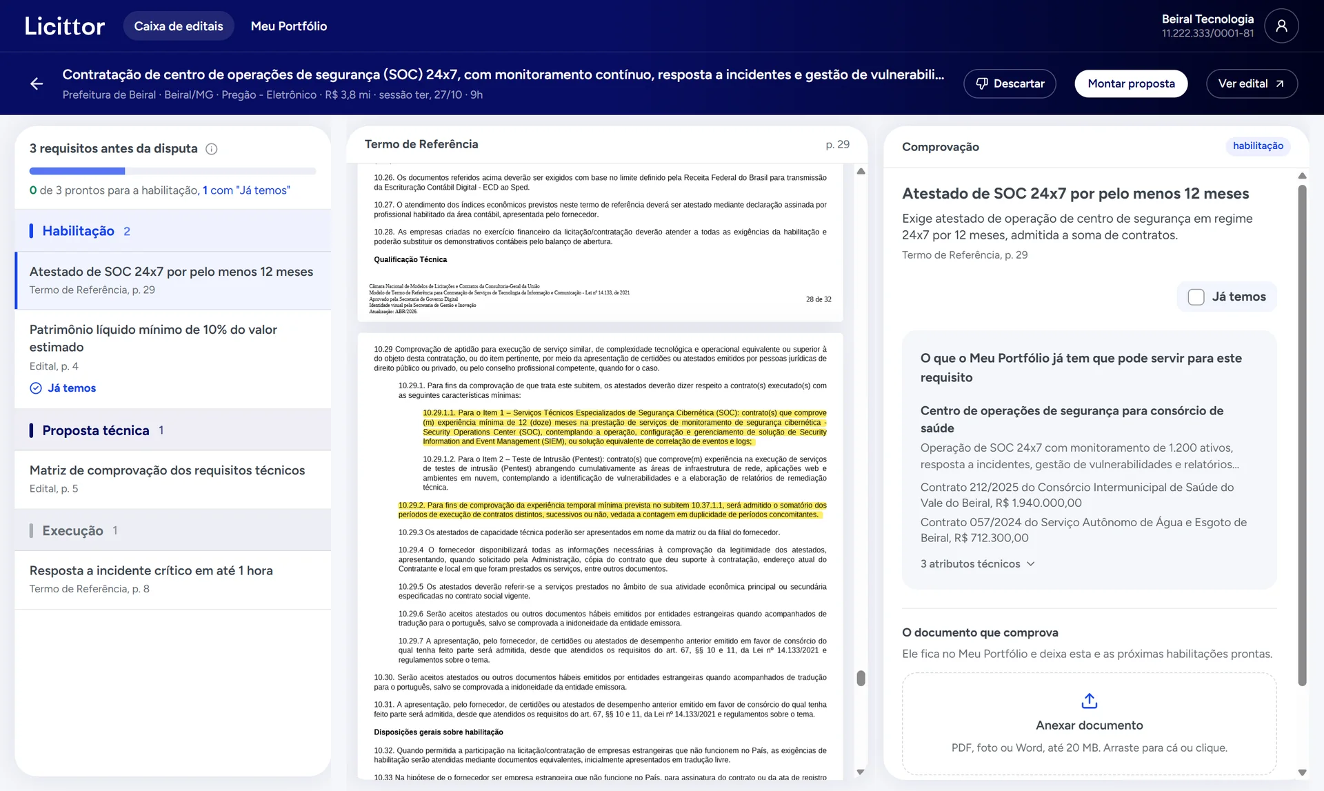 Requisitos críticos de um edital de SOC: a lista por fase, o termo de referência aberto na página 29 com o trecho do atestado grifado em amarelo e, ao lado, os contratos públicos da empresa que servem de comprovação.